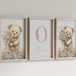 Pink Teddy Bear Personalised Set Of 3 Nursery Prints For Baby Girls Room, Girl Bedroom Prints, Decor Wall Art - thumbnail 2