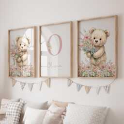 Pink Teddy Bear Personalised Set Of 3 Nursery Prints For Baby Girls Room, Girl Bedroom Prints, Decor Wall Art - thumbnail 1