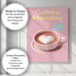Pink Coffee Monday Heart Latte Illustration Canvas Wall Art Print Decor Picture Ready To Hang - thumbnail 3