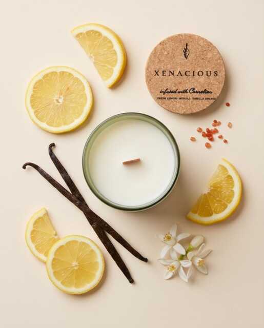 Carnelian Crystal Soy Candle, Wooden Wick Aromatherapy, Lemon Jasmine Vanilla Fragrance - image 1