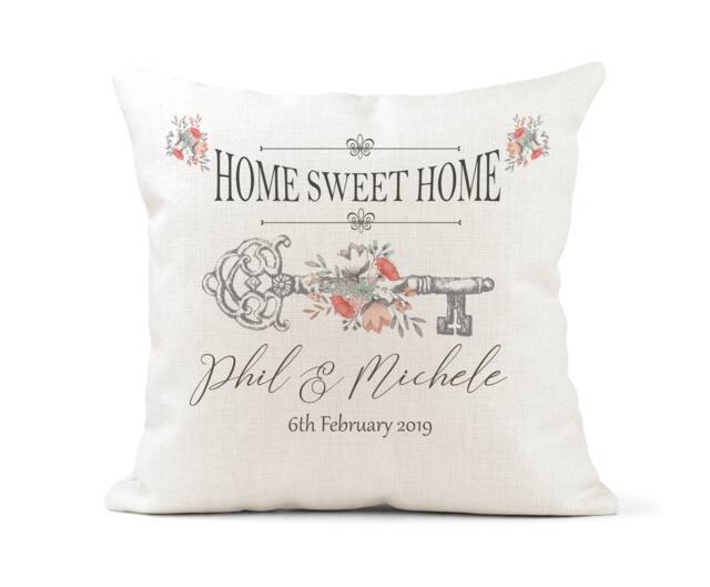 Personalised Cushion. Home Sweet Vintage Key Design, Watercolour, New Gift, Family, Friend, Wedding Anniversary Gift - image 1