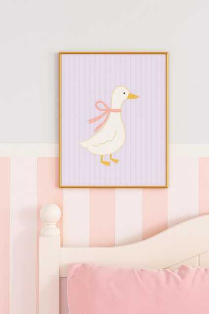 Whimsical Duck Nursery Wall Art - Pastel Baby Girl Room Decor, Cute Illustration With Pink Bow, Lilac Purple Pinstripe Background - image 1