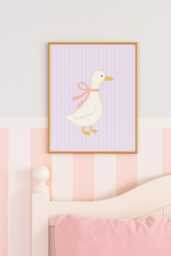 Whimsical Duck Nursery Wall Art - Pastel Baby Girl Room Decor, Cute Illustration With Pink Bow, Lilac Purple Pinstripe Background - thumbnail 1