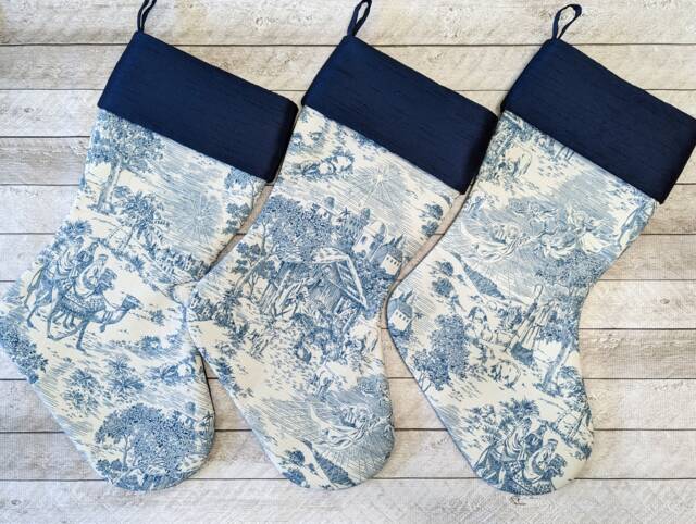 Set Of Three Blue & Cream Nativity Toile Christmas Stockings - image 1