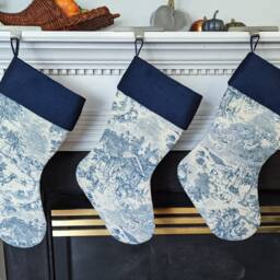 Set Of Three Blue & Cream Nativity Toile Christmas Stockings - thumbnail 3