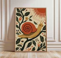 Botanical Snail Poster, Folk Art Animal Wall Print, Nature Illustration in Red & Green, Playful Woodland Decor For Kids Or Eclectic Homes - thumbnail 1