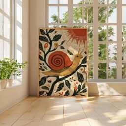 Botanical Snail Poster, Folk Art Animal Wall Print, Nature Illustration in Red & Green, Playful Woodland Decor For Kids Or Eclectic Homes - thumbnail 3