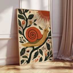 Botanical Snail Poster, Folk Art Animal Wall Print, Nature Illustration in Red & Green, Playful Woodland Decor For Kids Or Eclectic Homes - thumbnail 2