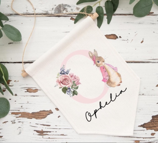 Personalised Pennant Flag, Peter Rabbit, Girls Bedroom Decor, Flopsy Bunny, Easter Gift, Wall Hanging - image 1