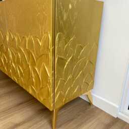 Art Deco Gold Credenza With 3D Leaf Texture - Sculptural Sideboard Luxury Statement Furniture Bespoke 4 Door Buffet Oak Media Cabinet - thumbnail 2