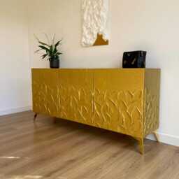 Art Deco Gold Credenza With 3D Leaf Texture - Sculptural Sideboard Luxury Statement Furniture Bespoke 4 Door Buffet Oak Media Cabinet - thumbnail 3