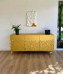 Art Deco Gold Credenza With 3D Leaf Texture - Sculptural Sideboard Luxury Statement Furniture Bespoke 4 Door Buffet Oak Media Cabinet