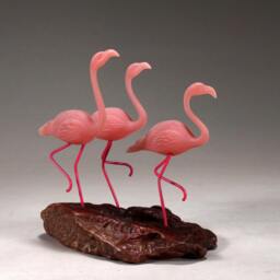 Flamingo Trio By John Perry 7In Long On Burlwood - thumbnail 2
