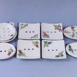 Pink & Purple Ceramic Soap Dish Set Retro Floral Self-Draining Tray - thumbnail 4