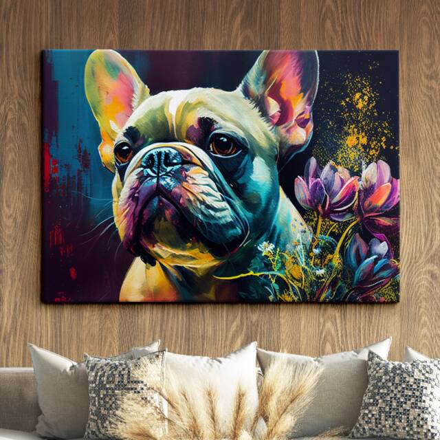 French Bulldog With Flowers Dog Pet Abstract Modern Oil Painting Wall Art, Framed Canvas Poster Print, Home Kitchen Office Room Decor, Gifts - image 1