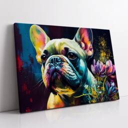 French Bulldog With Flowers Dog Pet Abstract Modern Oil Painting Wall Art, Framed Canvas Poster Print, Home Kitchen Office Room Decor, Gifts - thumbnail 2
