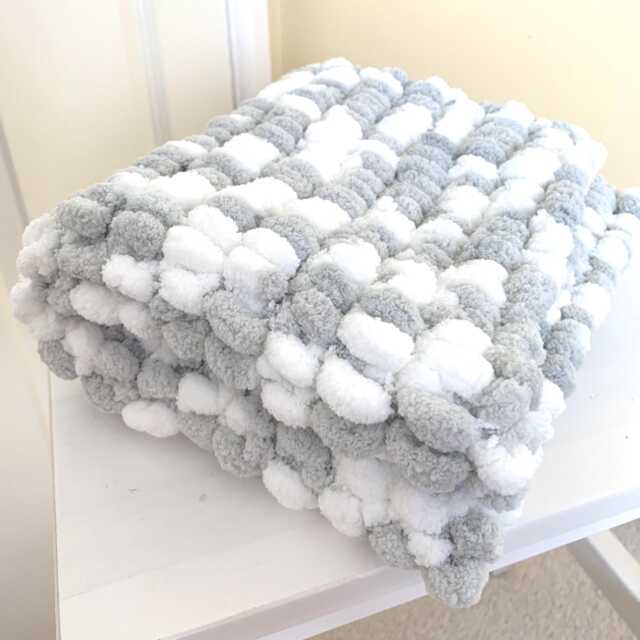 Hand Knitted Pom Wool Pram Cover Chunky Grey White Baby Blanket - image 1