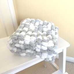 Hand Knitted Pom Wool Pram Cover Chunky Grey White Baby Blanket - thumbnail 3
