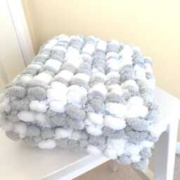 Hand Knitted Pom Wool Pram Cover Chunky Grey White Baby Blanket - thumbnail 2