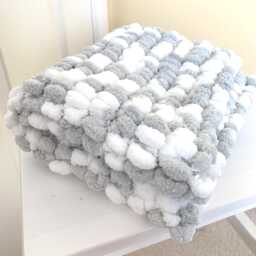 Hand Knitted Pom Wool Pram Cover Chunky Grey White Baby Blanket - thumbnail 1