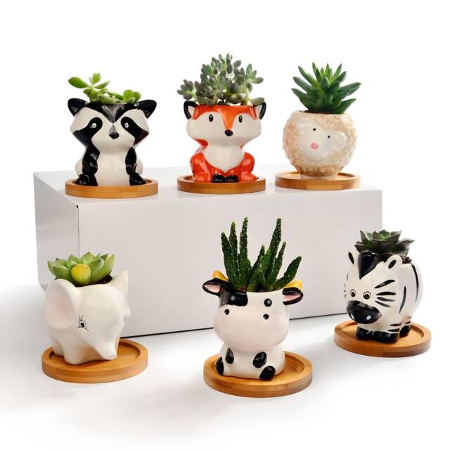 Animal Succulent Planters With Bamboo Coaster/Small Desktop Plant Pot Indoor Office Home Decor Cute Gift Idea - image 1