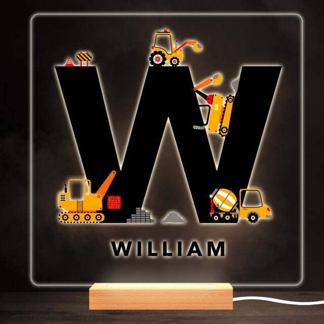 Construction Vehicles Alphabet Letter W Square Personalised Gift Night Light - Bedroom Lamp - image 1