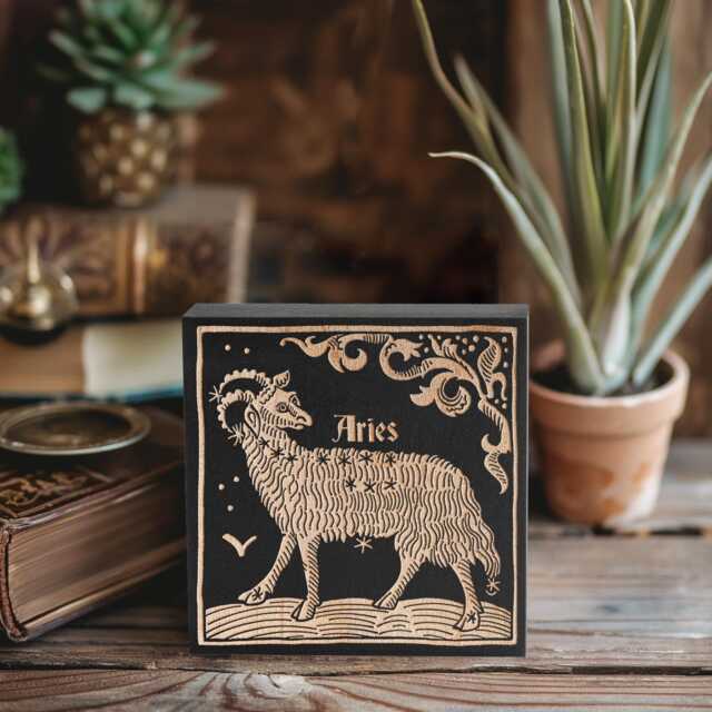 Aries Zodiac Engraved Birch Wood Panel - Block Print Style Wall Art, Astrology Sign Illustration, Astrological Decor Gift - image 1