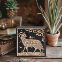 Aries Zodiac Engraved Birch Wood Panel - Block Print Style Wall Art, Astrology Sign Illustration, Astrological Decor Gift - thumbnail 1