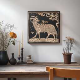 Aries Zodiac Engraved Birch Wood Panel - Block Print Style Wall Art, Astrology Sign Illustration, Astrological Decor Gift - thumbnail 3