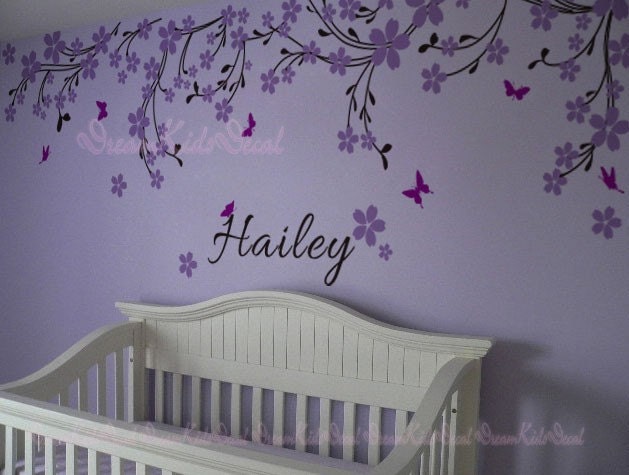 Cherry Blossom Vines Wall Decal With Butterflies, Custom Name Nursery Decor - image 1