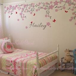 Cherry Blossom Vines Wall Decal With Butterflies, Custom Name Nursery Decor - thumbnail 2