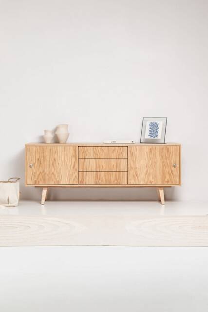 "Scandinavian Sideboard With Sliding Doors & Drawers, Oak, 3 Drawers ""Mint" - image 1