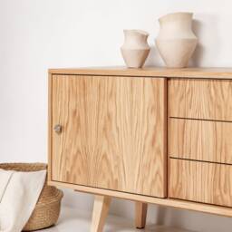 "Scandinavian Sideboard With Sliding Doors & Drawers, Oak, 3 Drawers ""Mint" - thumbnail 3