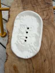Handmade Ceramic Soap Dish, Self-Draining, Floral Embossed, White Glaze, Cotswolds Studio - thumbnail 1