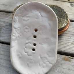 Handmade Ceramic Soap Dish, Self-Draining, Floral Embossed, White Glaze, Cotswolds Studio - thumbnail 4