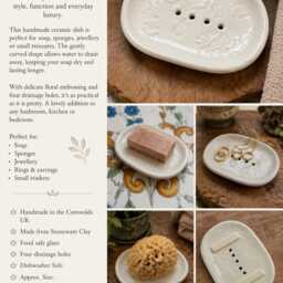 Handmade Ceramic Soap Dish, Self-Draining, Floral Embossed, White Glaze, Cotswolds Studio - thumbnail 2