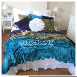 Velvet Ruffled Bedspread - Queen Velvet Bedding Bed Cover- 120x120 Oversize King Spread Pink Blue Ivory Teal Green Purple