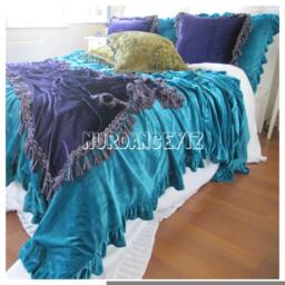 Velvet Ruffled Bedspread - Queen Velvet Bedding Bed Cover- 120x120 Oversize King Spread Pink Blue Ivory Teal Green Purple - thumbnail 2