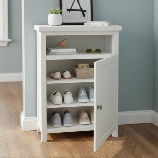 Painted Hallway Cabinet Oak Top Shoe Storage, Assembled - image 1