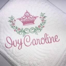 Personalized Heirloom Baby Quilt - Luxury Girl Gift Custom Name Blanket Granddaughter Keepsake Floral Crown - thumbnail 2