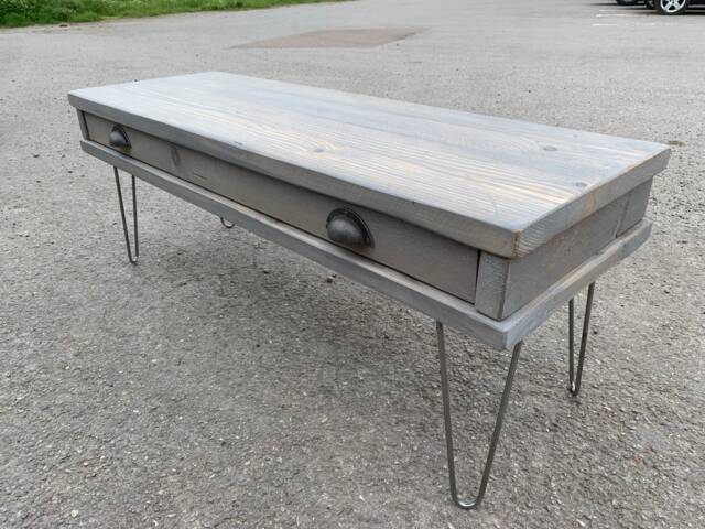 Rustic Grey Chic Pine Coffee Table With Drawer & Metal Hairpin Legs - image 1