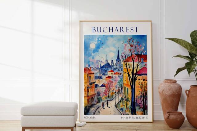 Bucharest Travel Print, Romania, Poster, Romania Vintage Bucharest Print - image 1