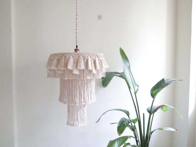 Boho Fringe Chandelier - Tassel Macrame Lampshade Lights Pendant Light Handmade Wedding Decor Hardwired - image 1
