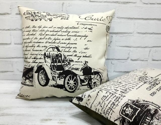 Vintage Car Print Pillow Cover Beige Cotton, Brown Vegan Leather - image 1