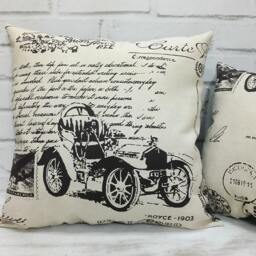 Vintage Car Print Pillow Cover Beige Cotton, Brown Vegan Leather - thumbnail 2