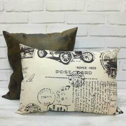 Vintage Car Print Pillow Cover Beige Cotton, Brown Vegan Leather - thumbnail 4