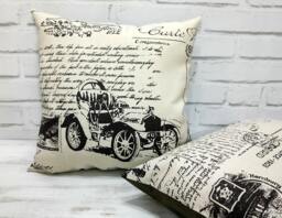 Vintage Car Print Pillow Cover Beige Cotton, Brown Vegan Leather - thumbnail 1