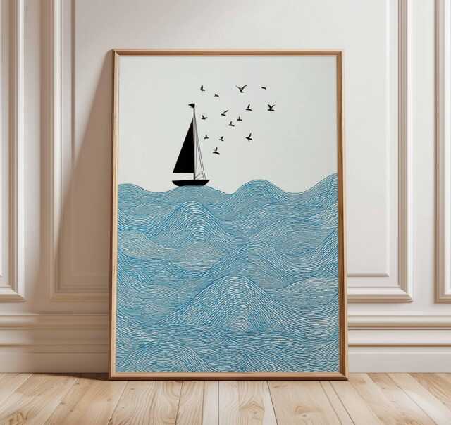 Sailboat Wall Art - Ocean Waves Print Nautical Coastal Poster Minimalist Sea Artwork Modern Beach House Decor - image 1
