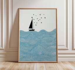Sailboat Wall Art - Ocean Waves Print Nautical Coastal Poster Minimalist Sea Artwork Modern Beach House Decor - thumbnail 1