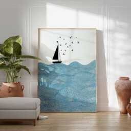 Sailboat Wall Art - Ocean Waves Print Nautical Coastal Poster Minimalist Sea Artwork Modern Beach House Decor - thumbnail 2
